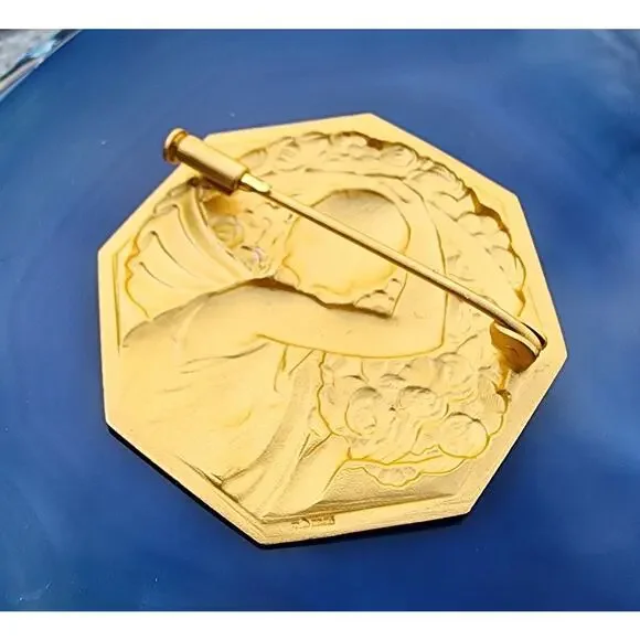 Pierre Turin Porteuse de Fleurs Gilded Bronze Art Deco Medallion Brooch